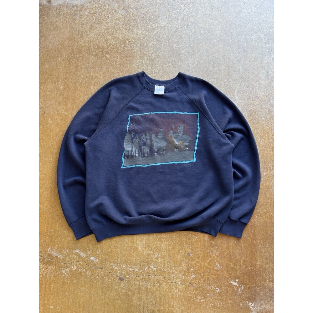 VTG 90s Tultex Navy Blue Raglan Nature Western Horses Crewneck Sweater XL